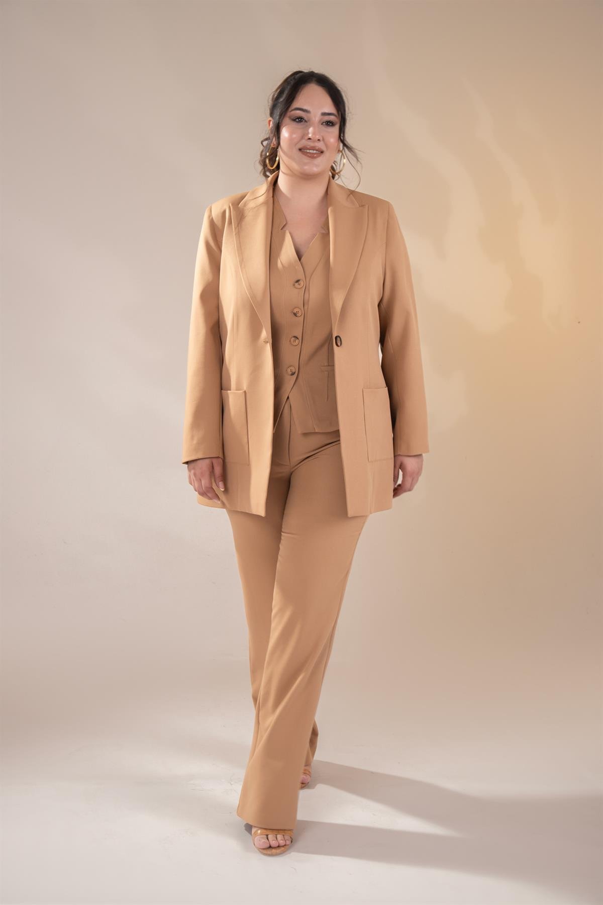 Büyük Beden 2230014 Cep Detaylı Blazer Ceket  Camel