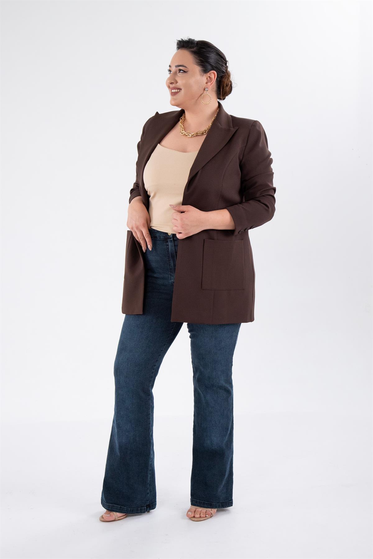 Büyük Beden 2230014 Cep Detaylı Blazer Ceket  Kahverengi