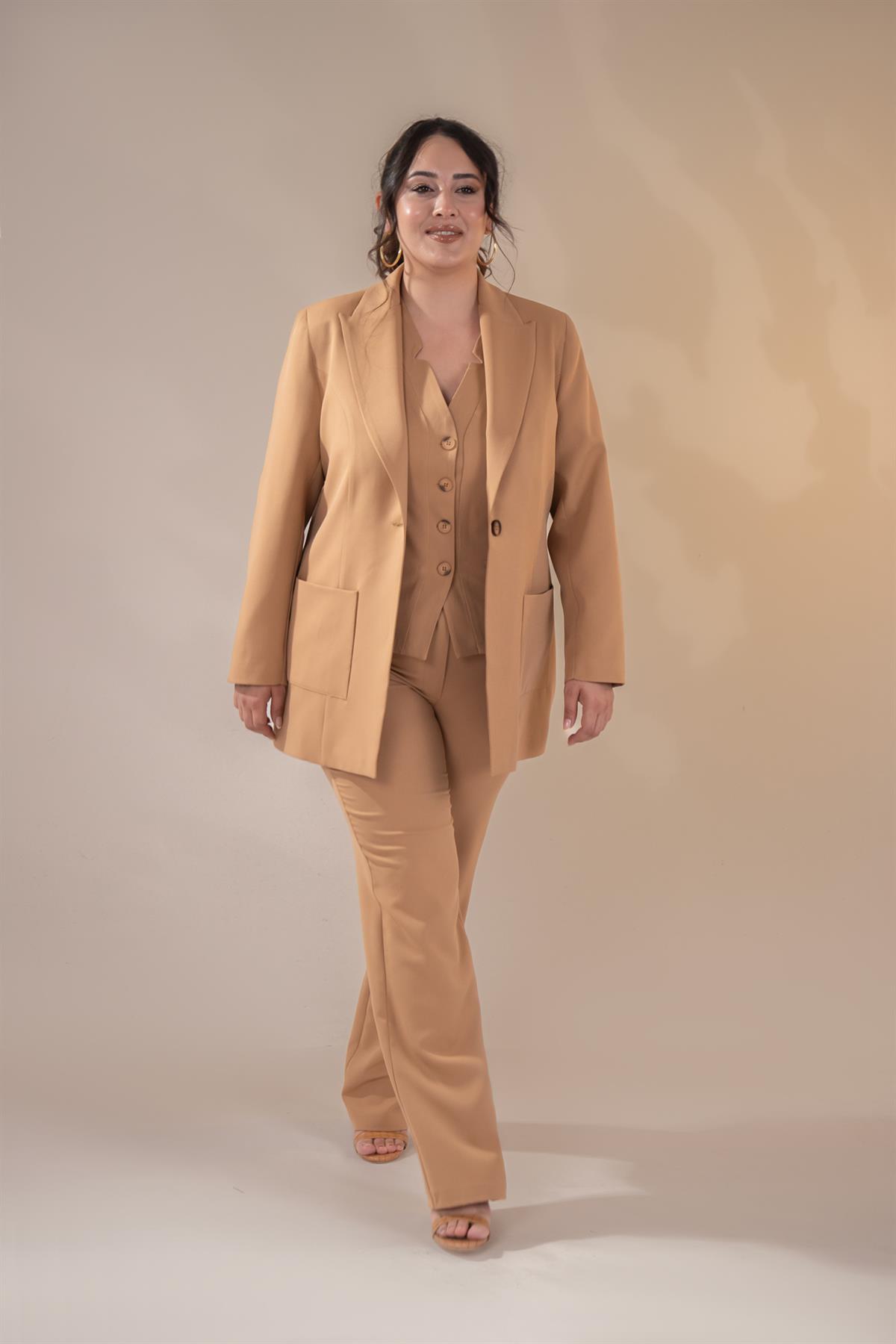 Büyük Beden 2230014 Cep Detaylı Blazer Ceket  Camel