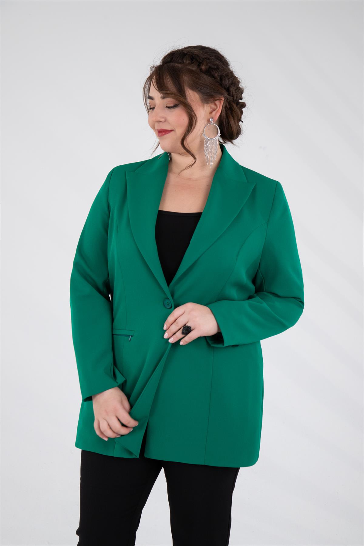 Büyük Beden 2230015 Cep Fermuarlı Blazer Ceket  Yeşil