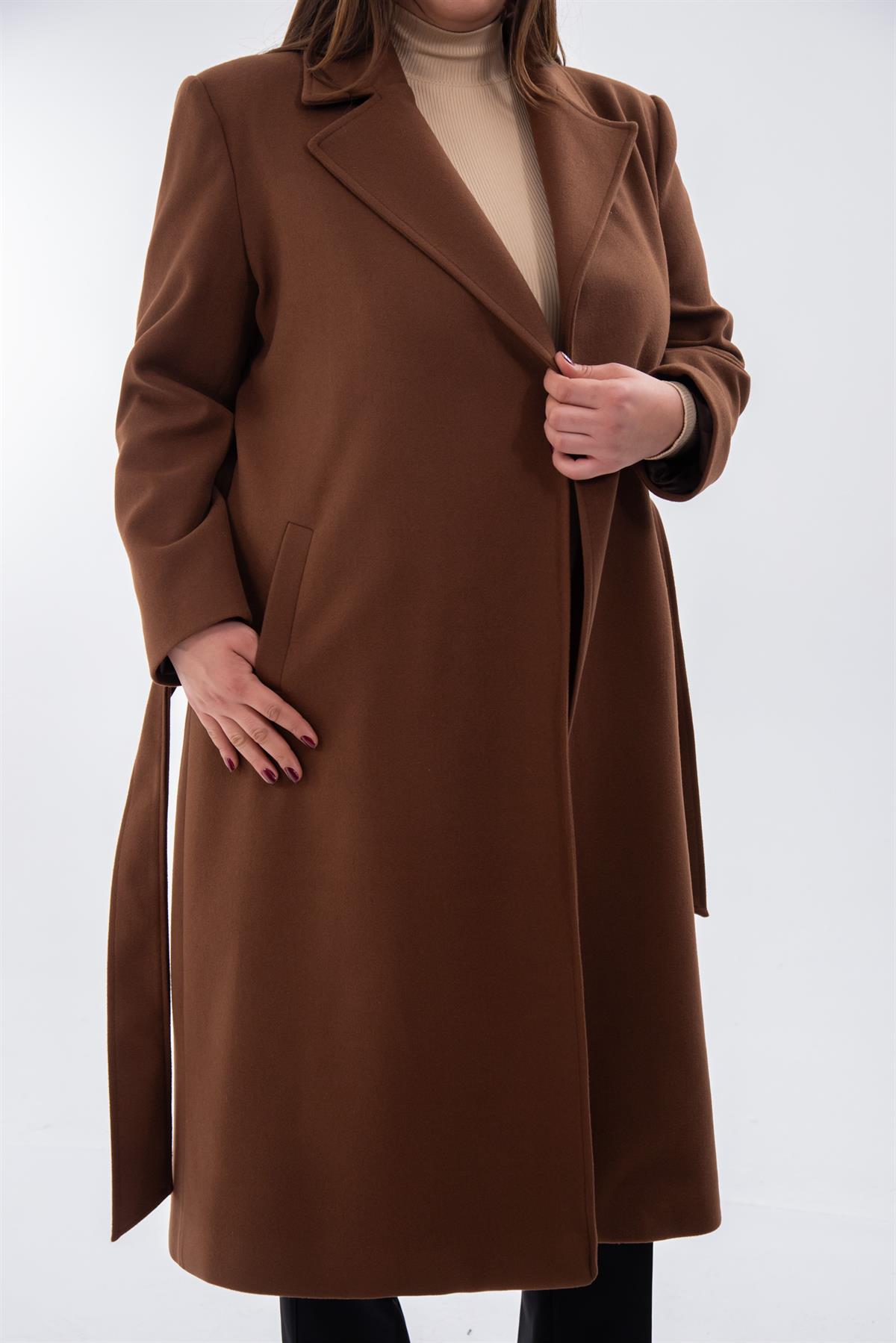 Büyük Beden 223004 Beli Kemerli Kaban  Kahverengi