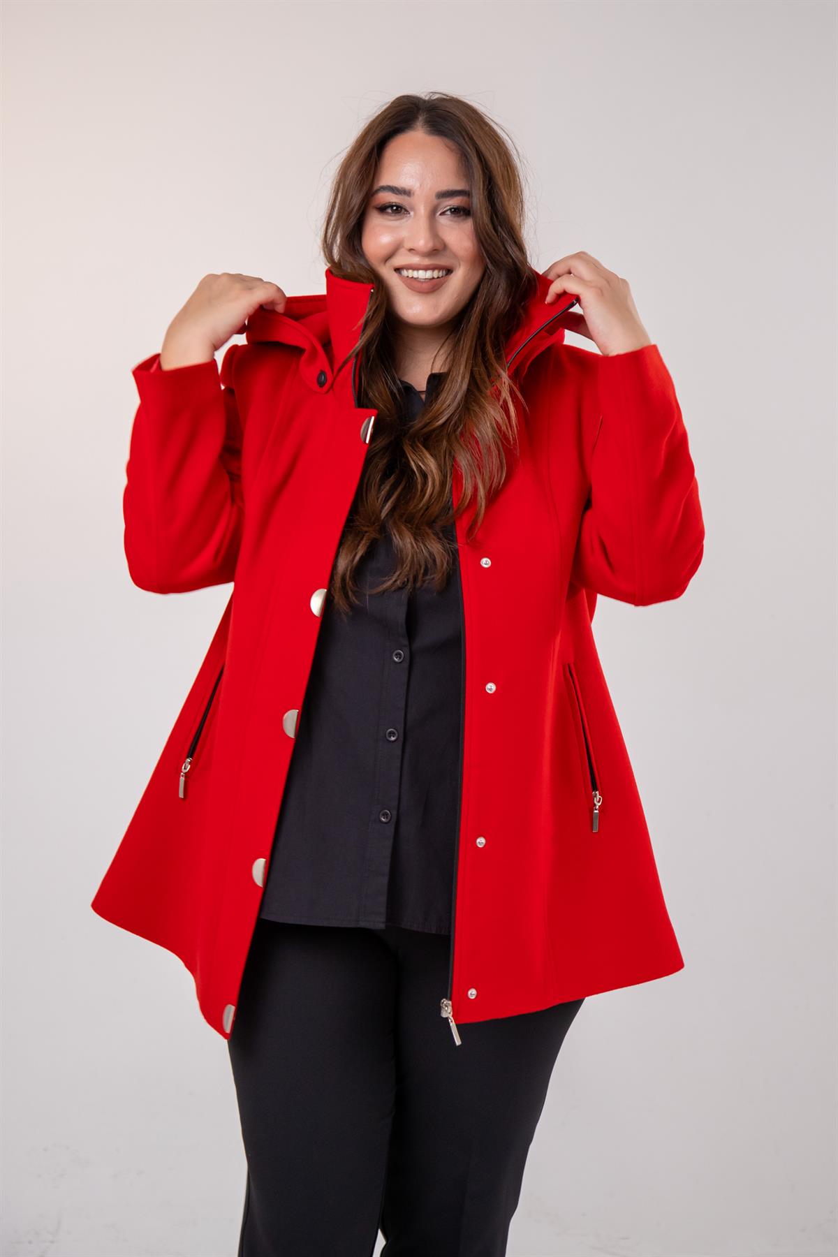 Büyük Beden 2230040 Çıt Çıt Detaylı Kısa Kaban  Kırmızı