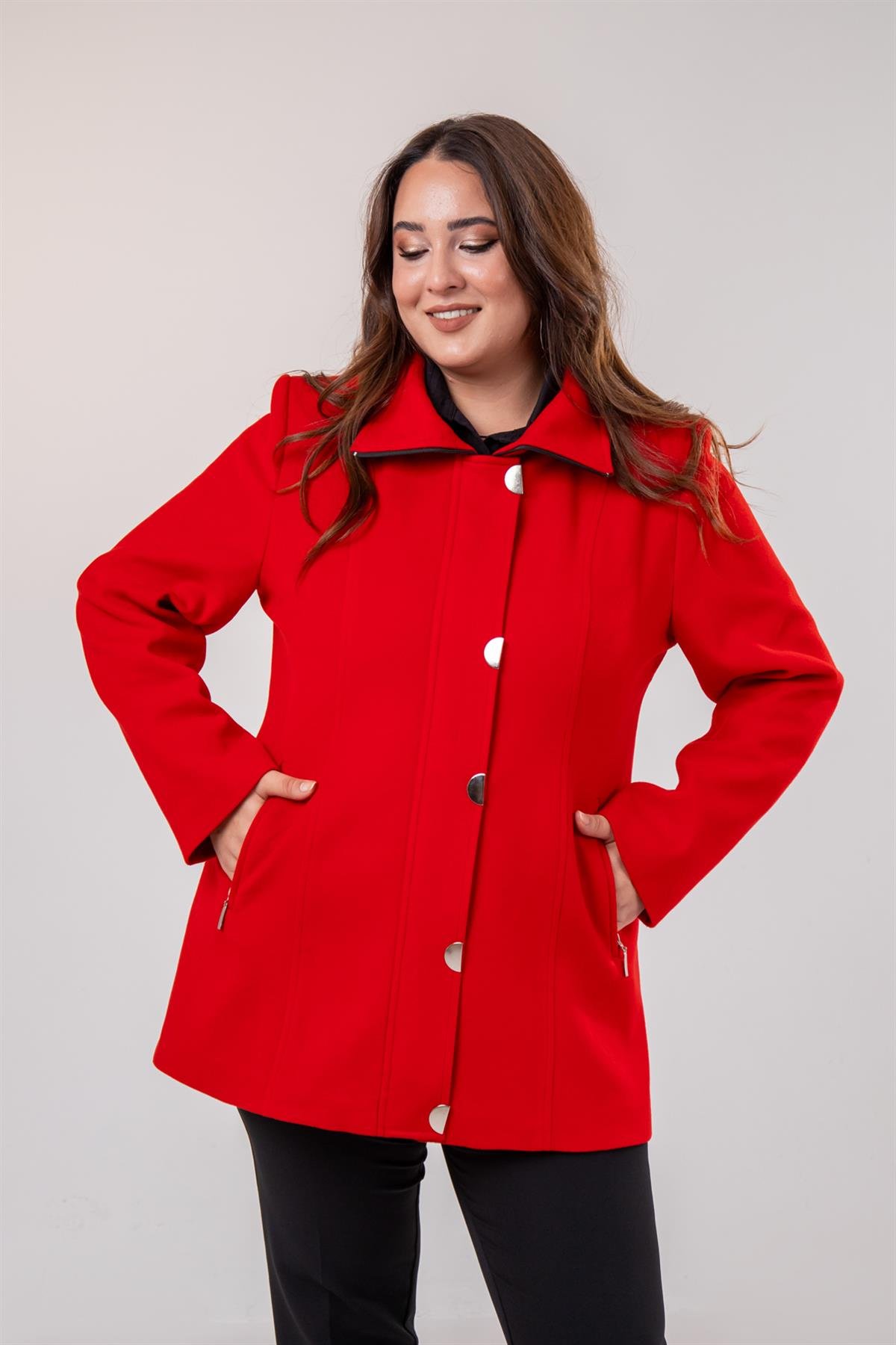 Büyük Beden 2230040 Çıt Çıt Detaylı Kısa Kaban  Kırmızı