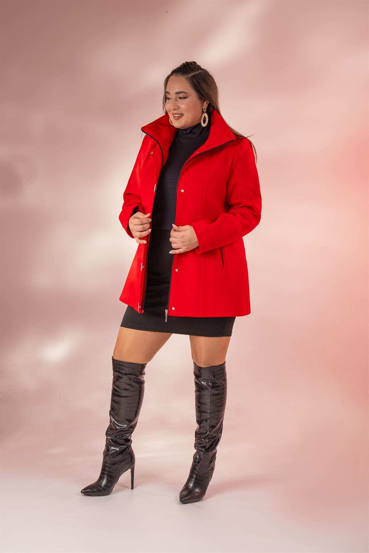 Büyük Beden 2230040 Çıt Çıt Detaylı Kısa Kaban  Kırmızı