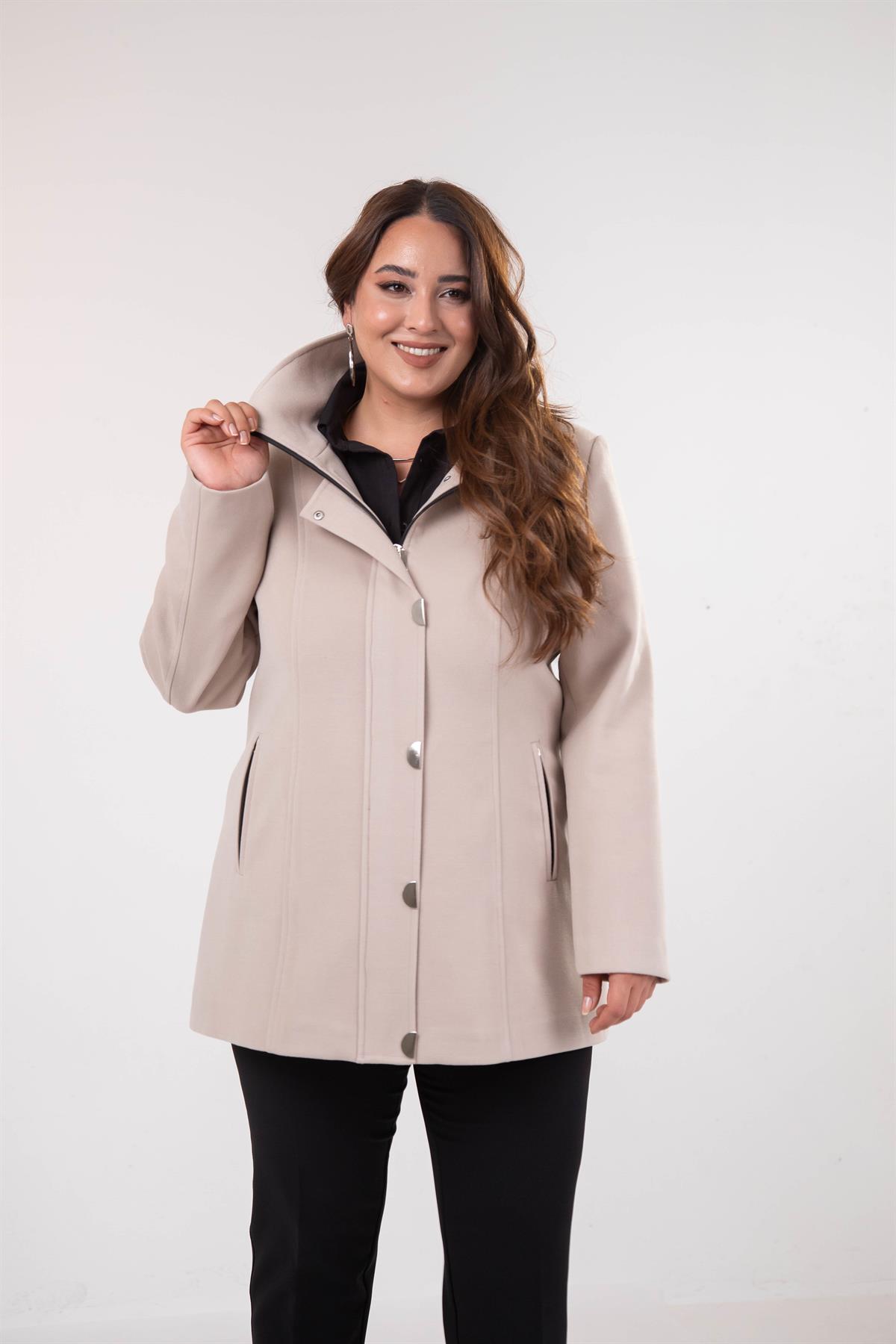 Büyük Beden 2230040 Çıt Çıt Detaylı Kısa Kaban  Bej