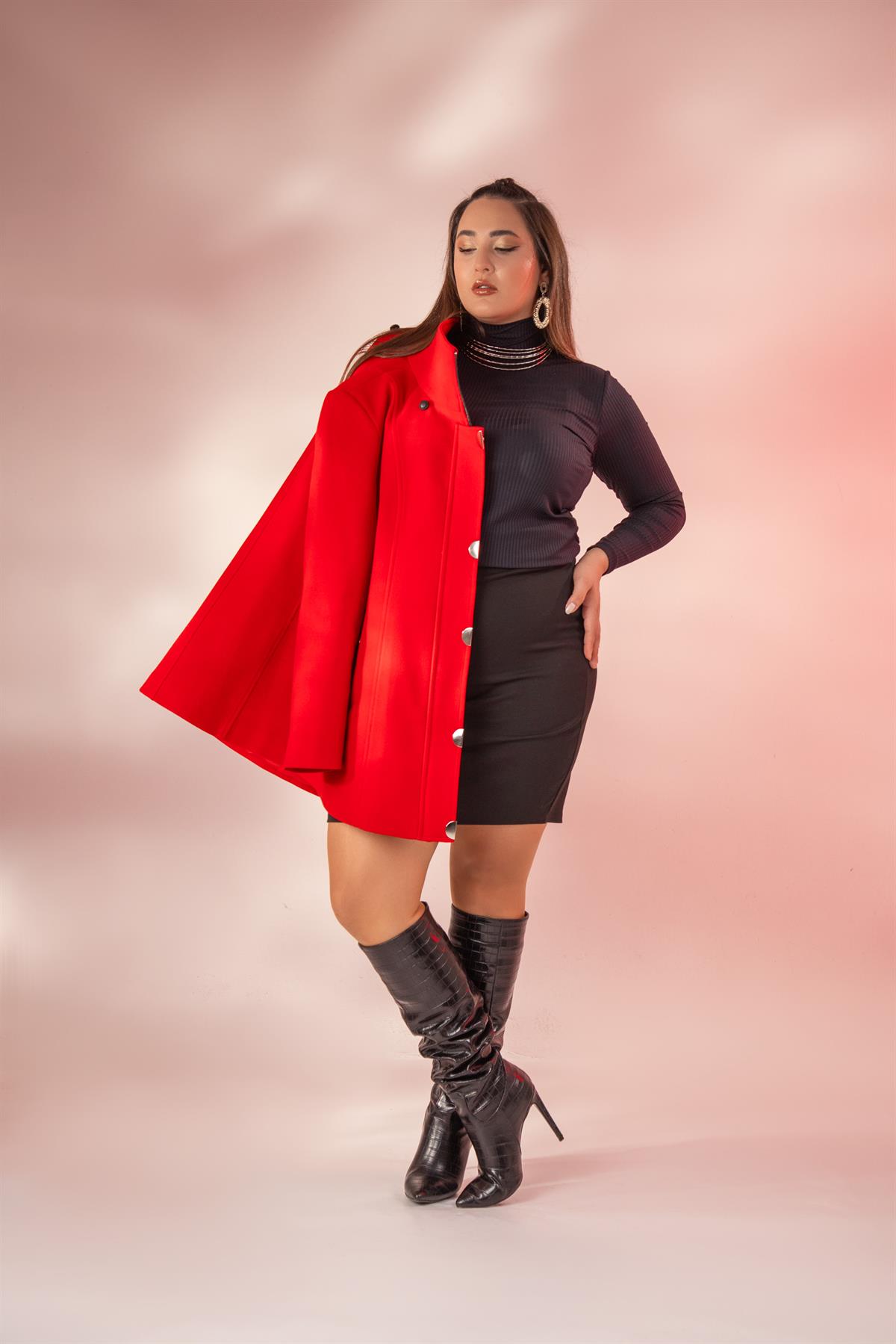 Büyük Beden 2230040 Çıt Çıt Detaylı Kısa Kaban  Kırmızı