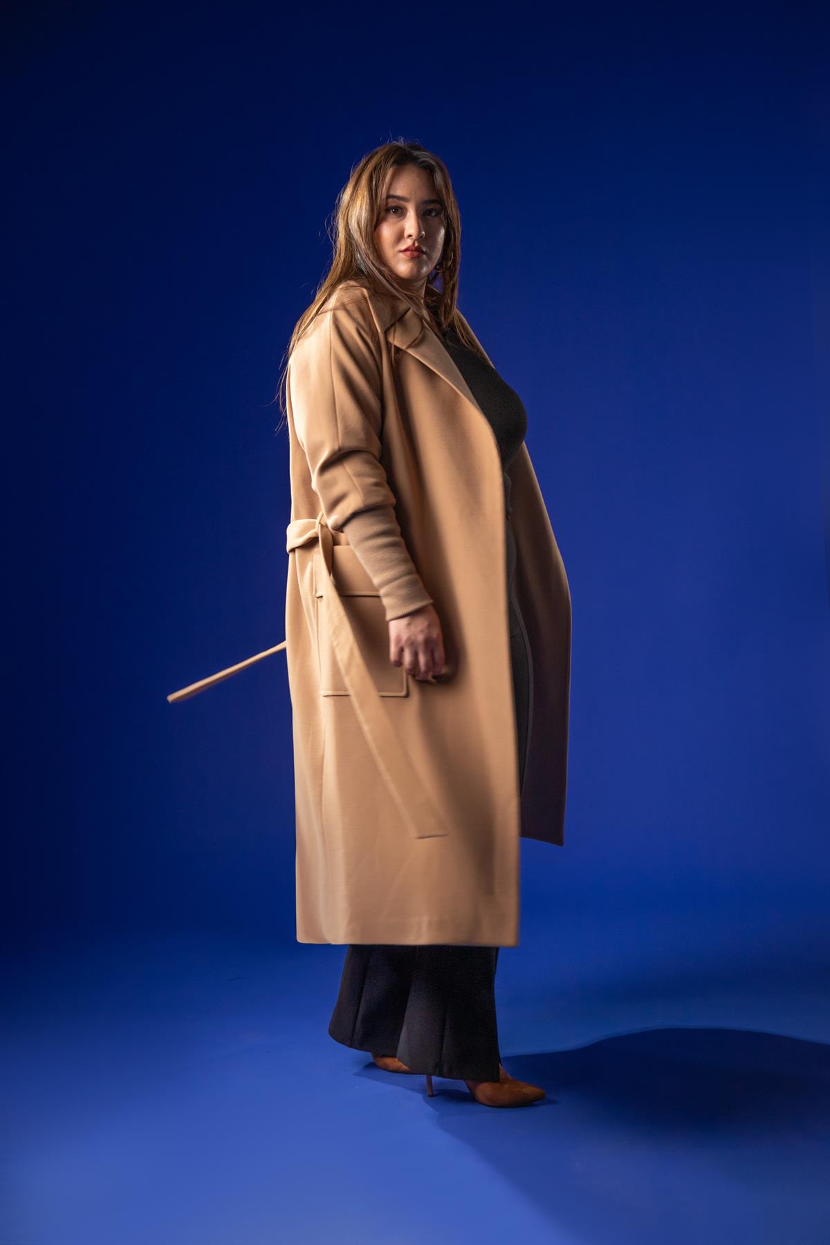 Büyük Beden 2230042 Kolu Ribanalı Uzun Kaban  Camel