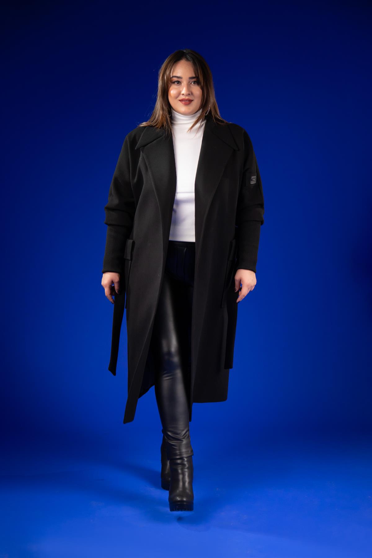 Büyük Beden 2230042 Kolu Ribanalı Uzun Kaban  Siyah