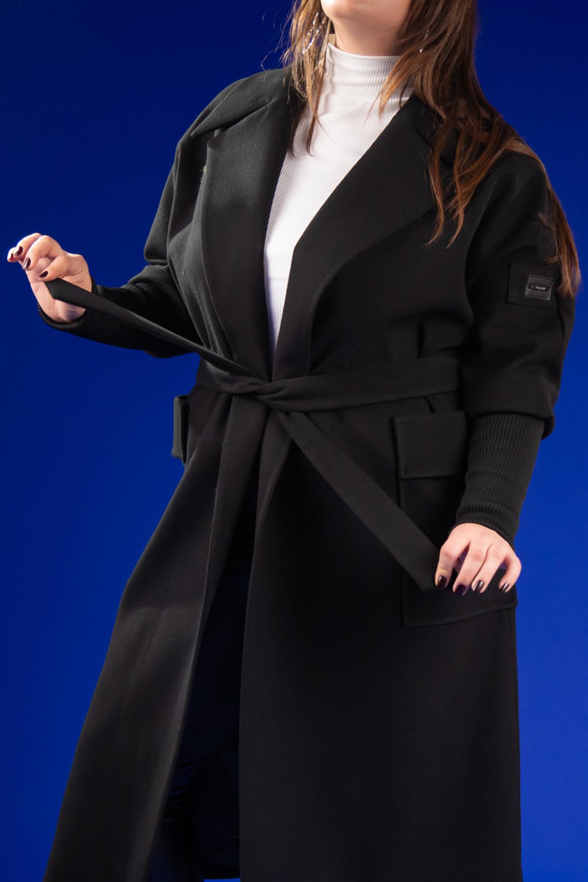 Büyük Beden 2230042 Kolu Ribanalı Uzun Kaban  Siyah