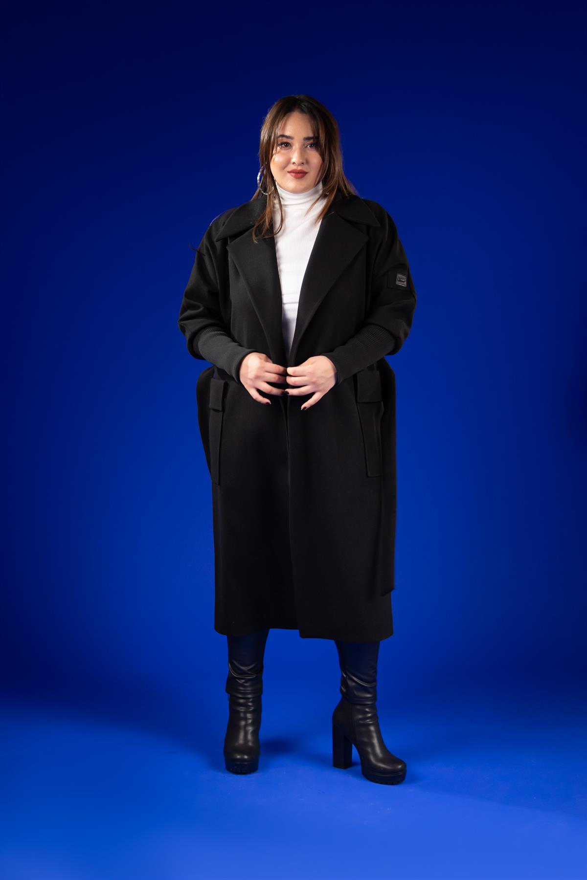 Büyük Beden 2230042 Kolu Ribanalı Uzun Kaban  Siyah