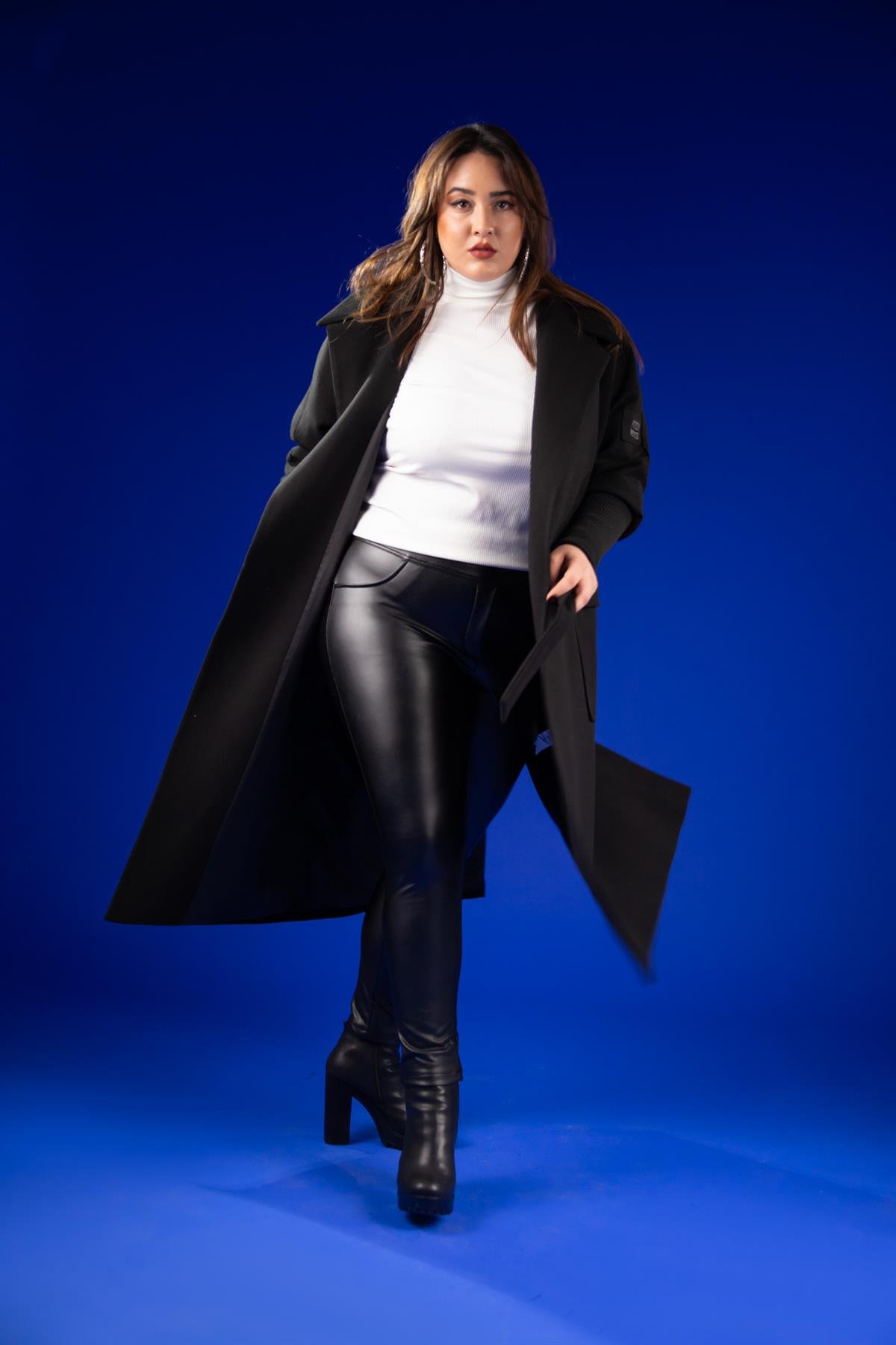 Büyük Beden 2230042 Kolu Ribanalı Uzun Kaban  Siyah