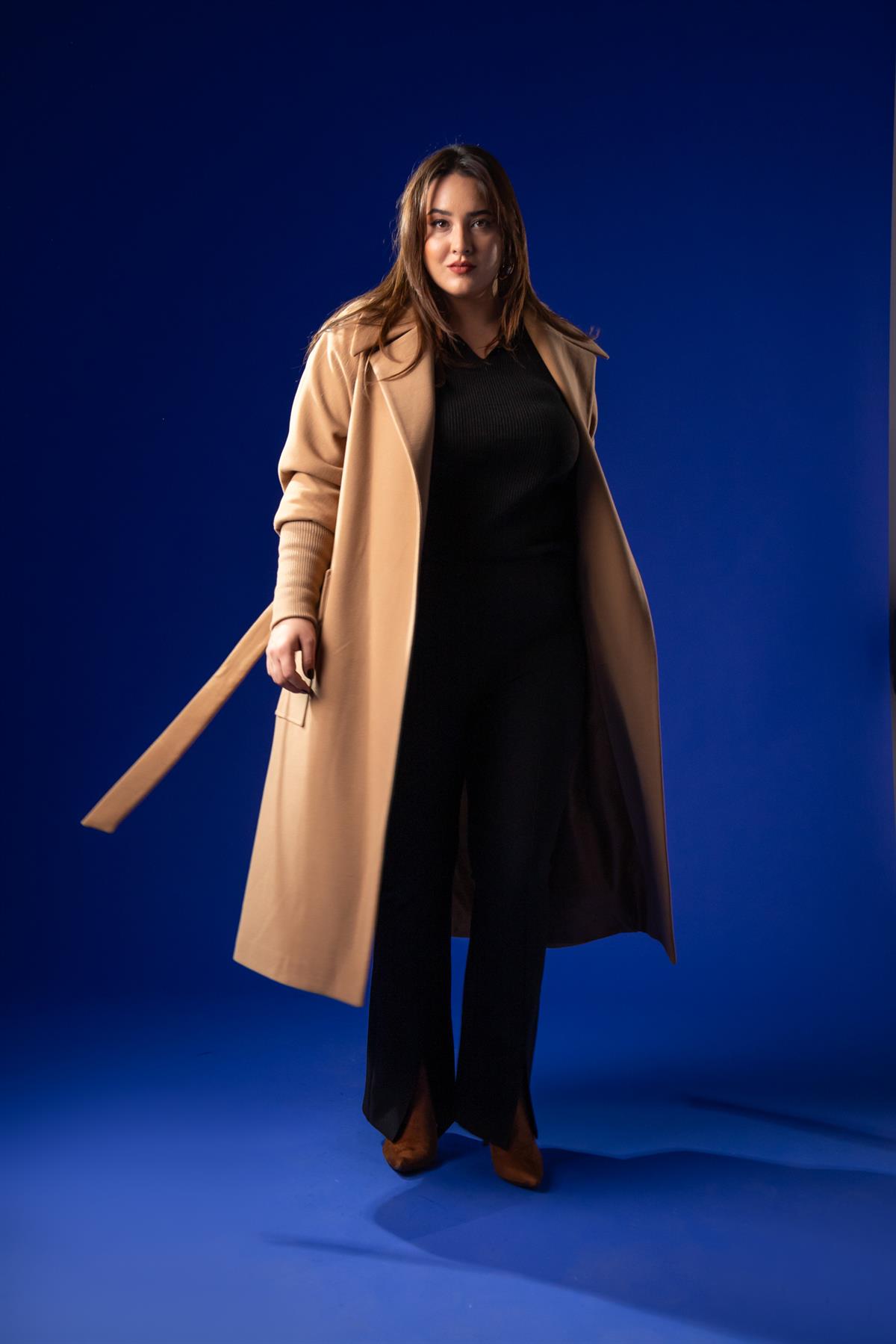 Büyük Beden 2230042 Kolu Ribanalı Uzun Kaban  Camel