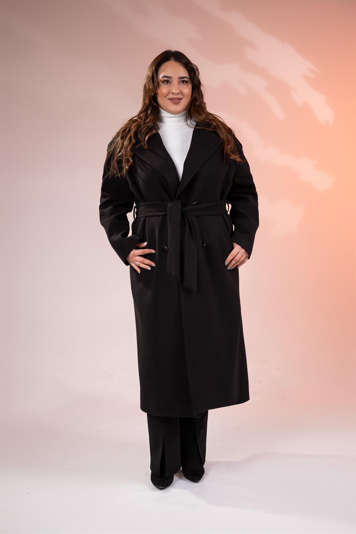 Büyük Beden 2230043 Omuzu Apoletli Uzun Kaban  Siyah