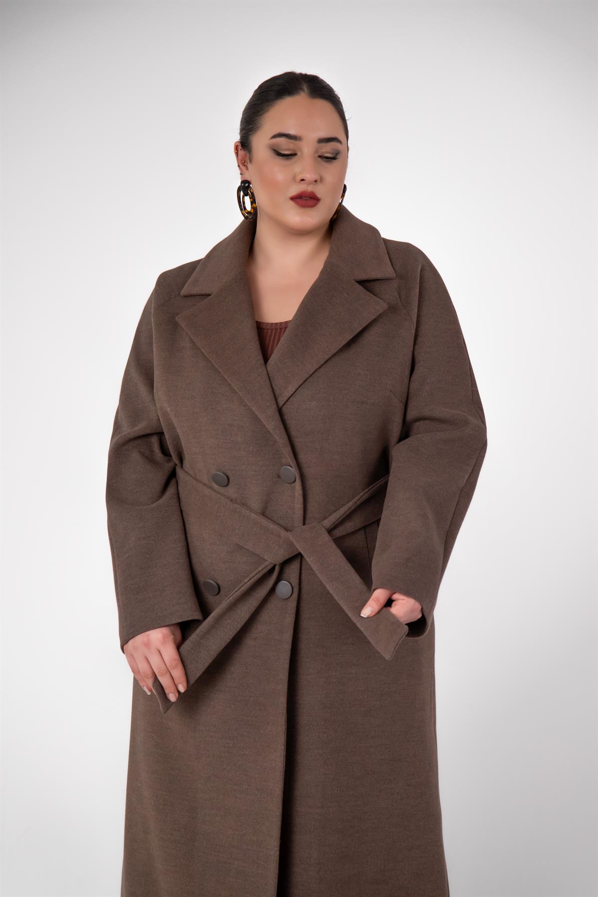 Büyük Beden 2230043 Omuzu Apoletli Uzun Kaban  Kahverengı