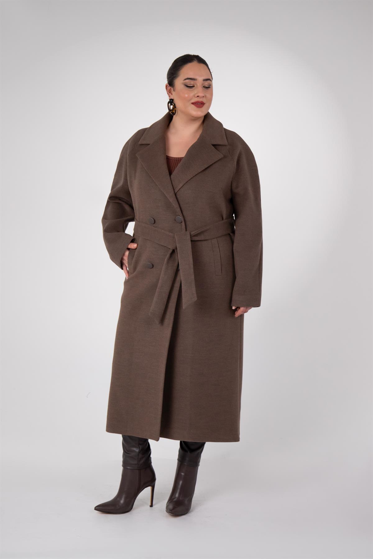 Büyük Beden 2230043 Omuzu Apoletli Uzun Kaban  Kahverengı