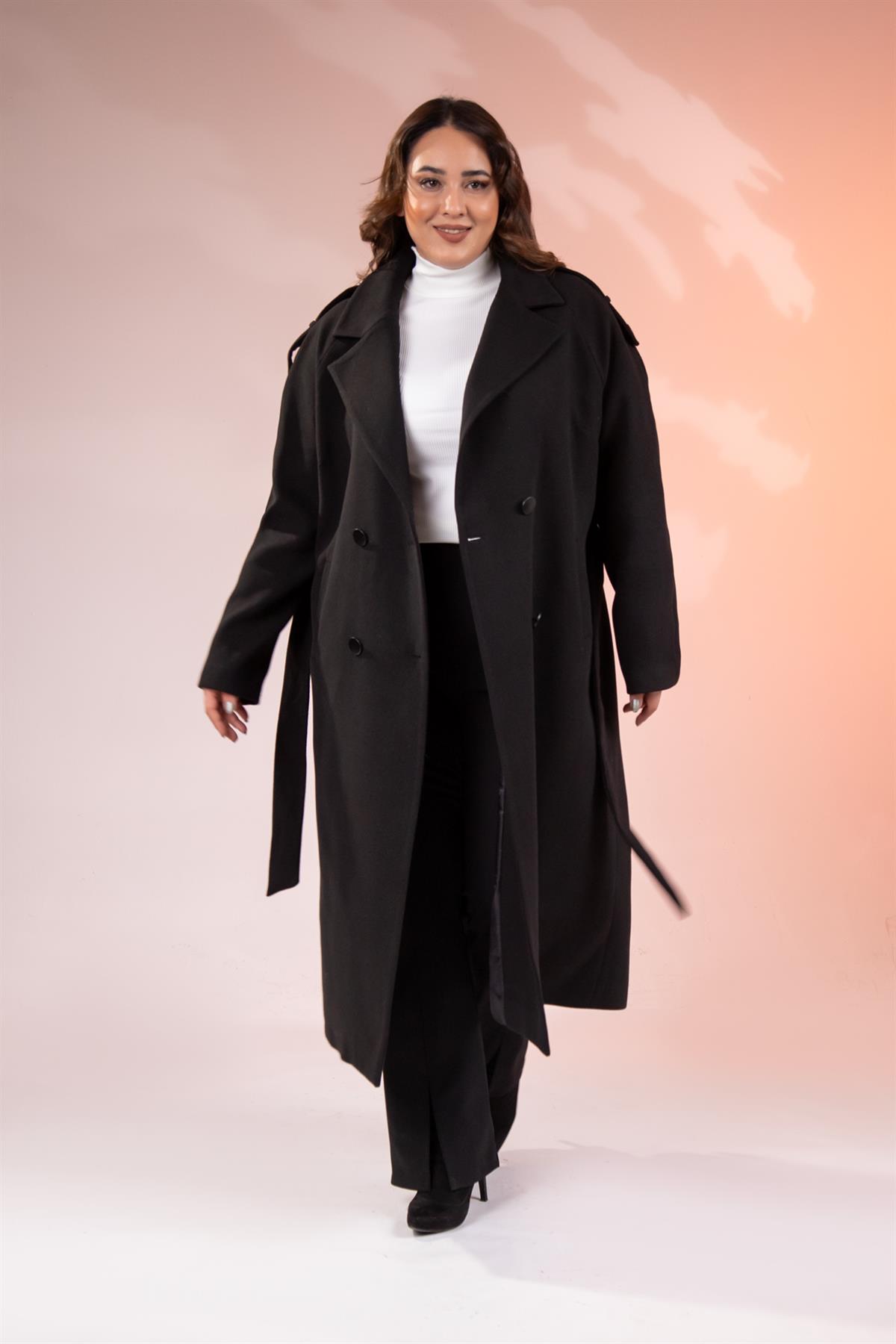 Büyük Beden 2230043 Omuzu Apoletli Uzun Kaban  Siyah