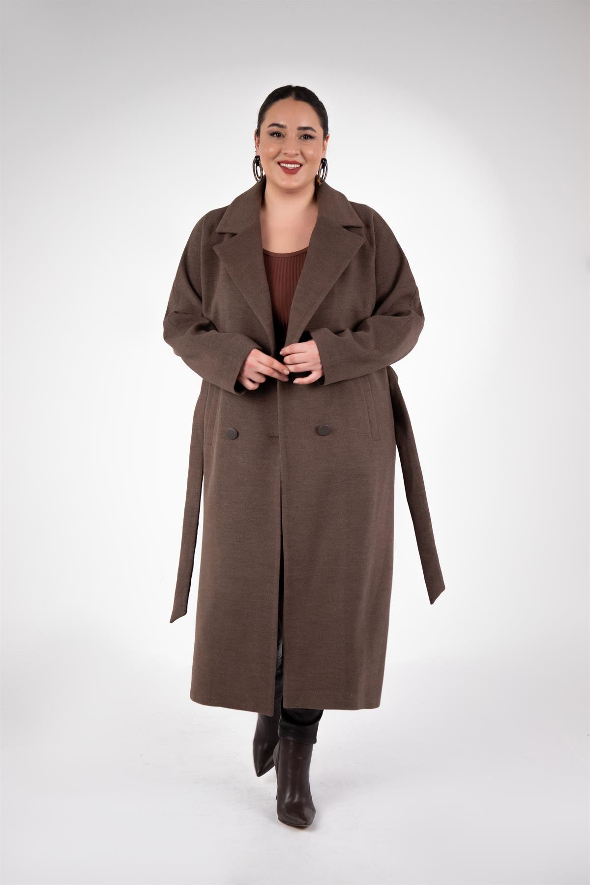 Büyük Beden 2230043 Omuzu Apoletli Uzun Kaban  Kahverengı