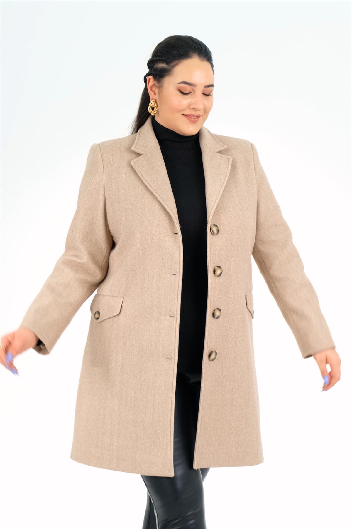 Büyük Beden 223008 Yaka-Kürklü 4 Düğmeli Kaban  Bej