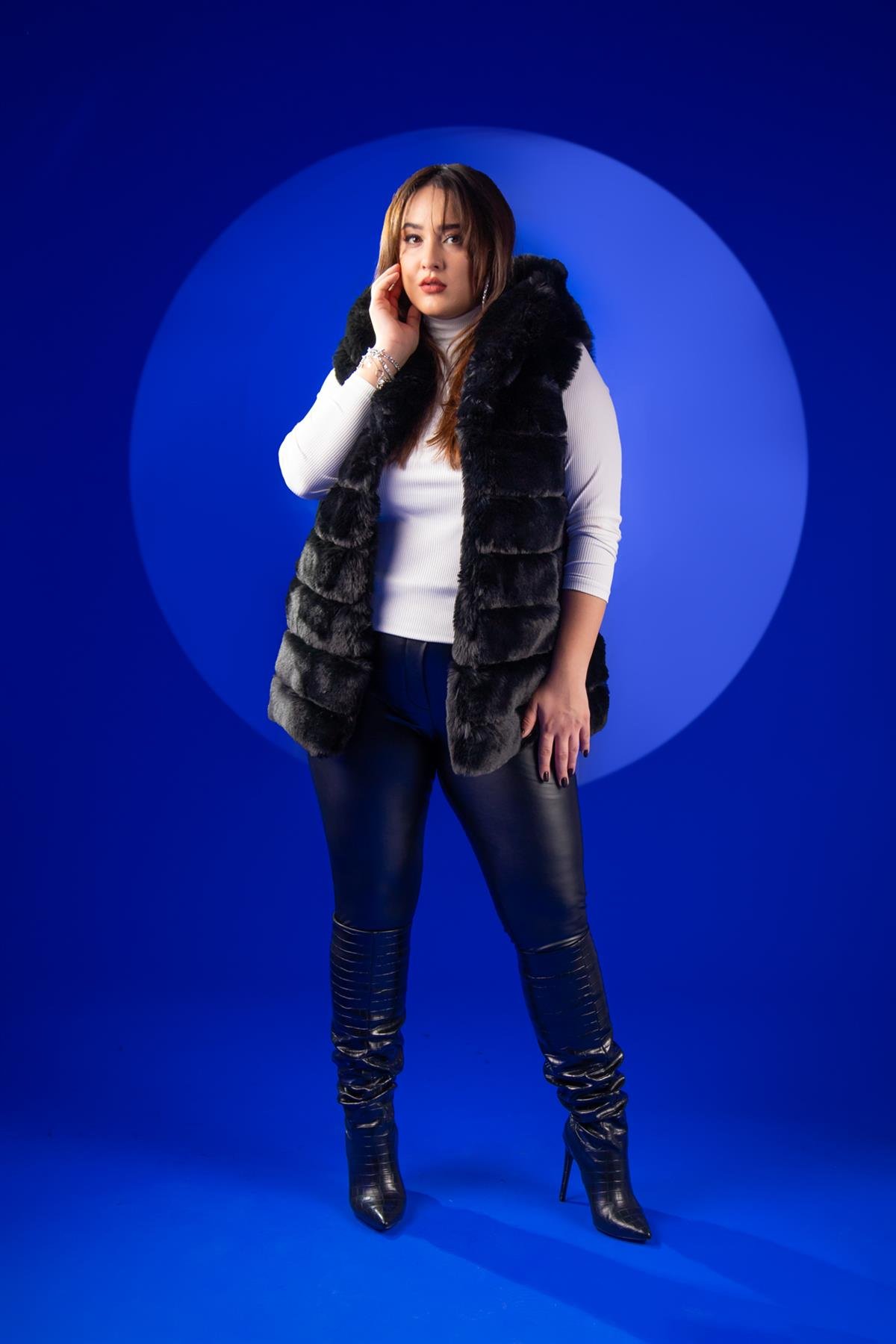 Büyük Beden 22301 Kürk Yelek  Siyah