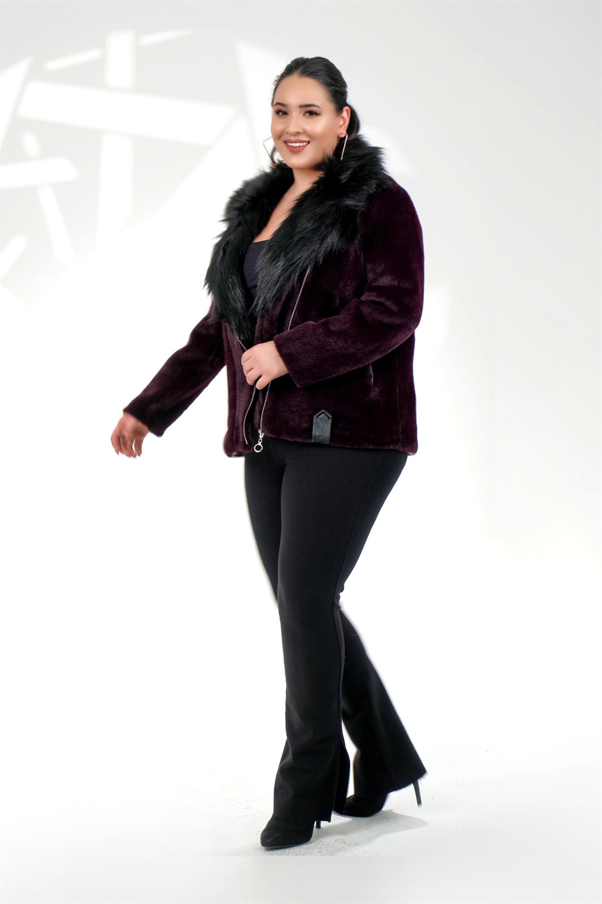 Büyük Beden 223011 Kürklü Beli Kemerli Kısa Kaban  Mürdüm