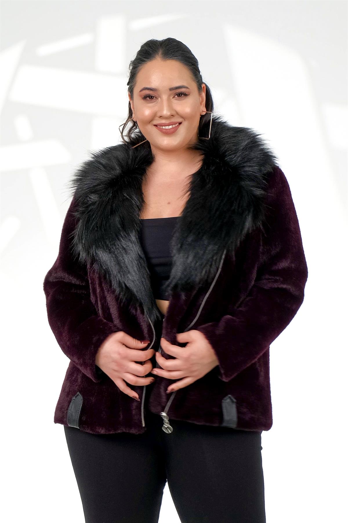 Büyük Beden 223011 Kürklü Beli Kemerli Kısa Kaban  Mürdüm