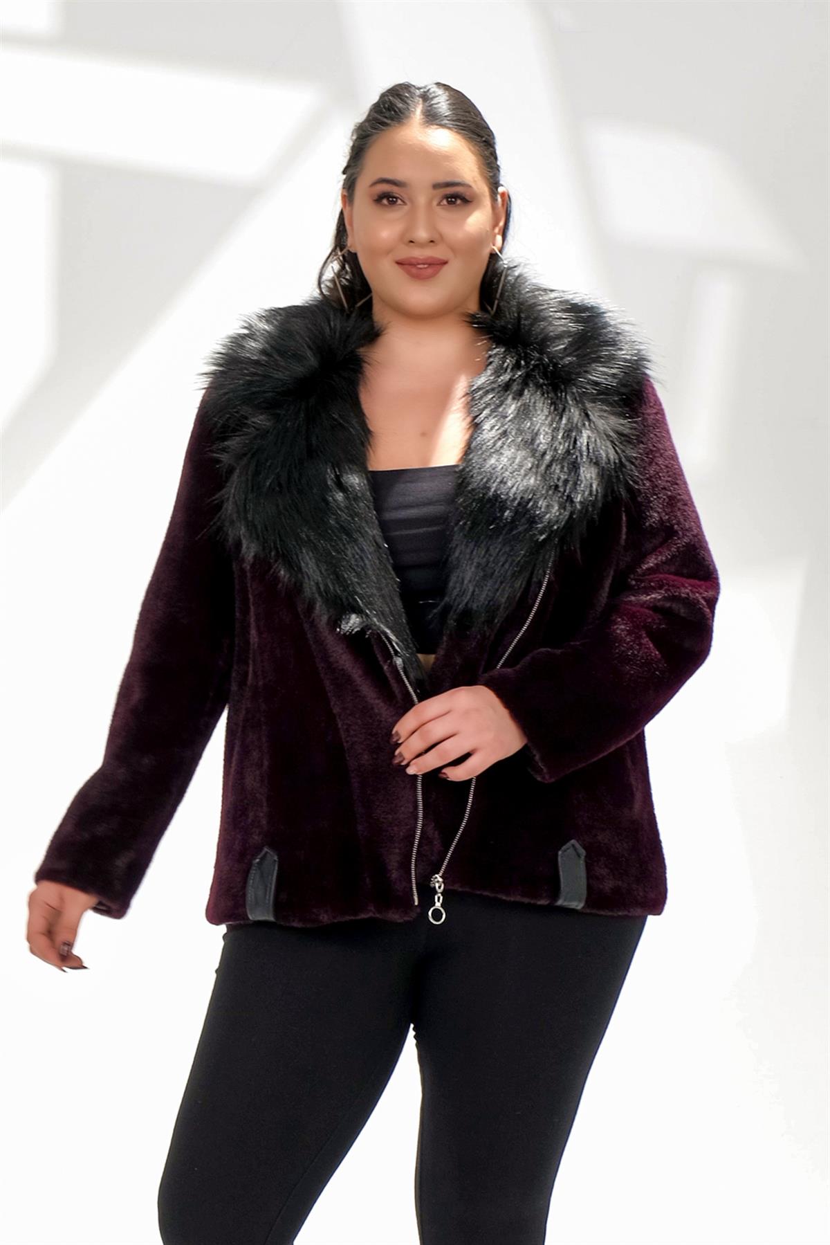 Büyük Beden 223011 Kürklü Beli Kemerli Kısa Kaban  Mürdüm