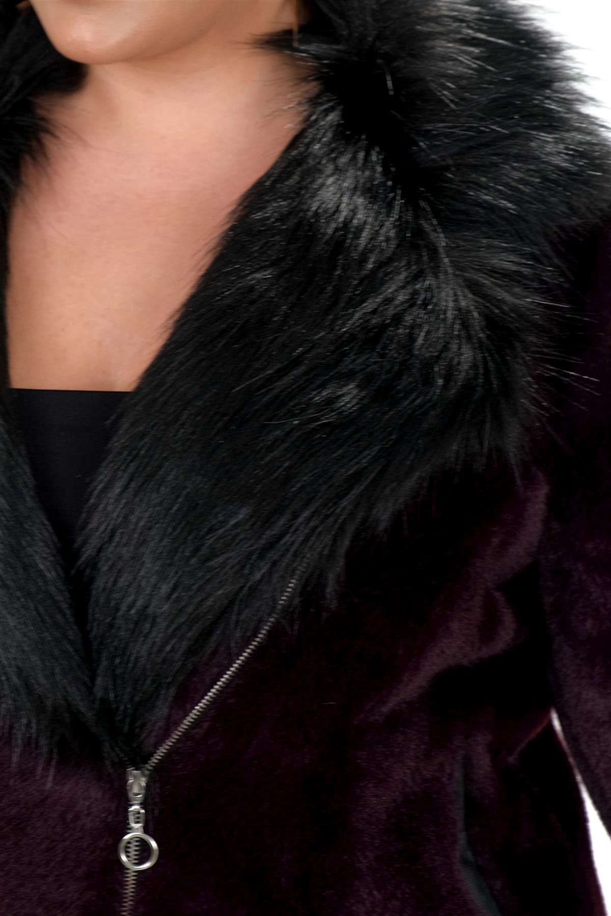 Büyük Beden 223011 Kürklü Beli Kemerli Kısa Kaban  Mürdüm