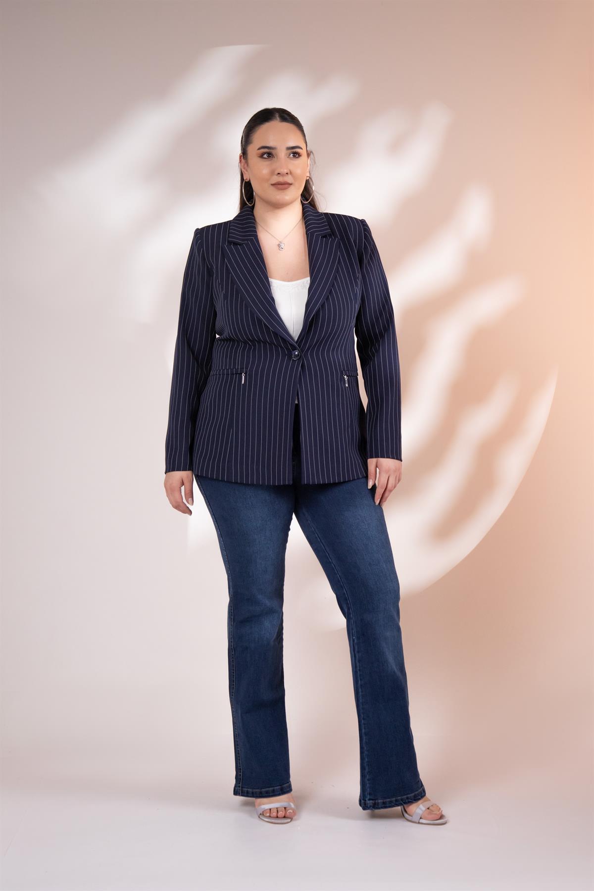 Büyük Beden 2234741 Çizgili Blazer Ceket  Lacivert