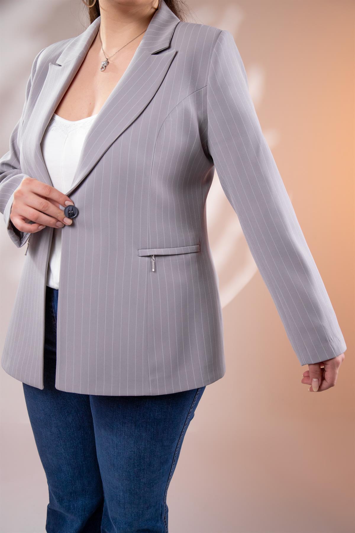Büyük Beden 2234741 Çizgili Blazer Ceket  Gri