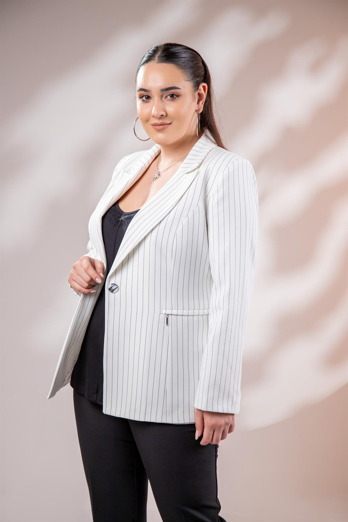 Büyük Beden 2234741 Çizgili Blazer Ceket  Beyaz