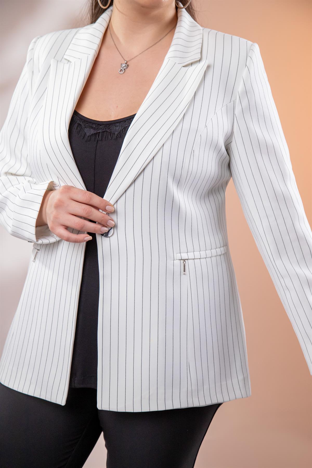 Büyük Beden 2234741 Çizgili Blazer Ceket  Beyaz