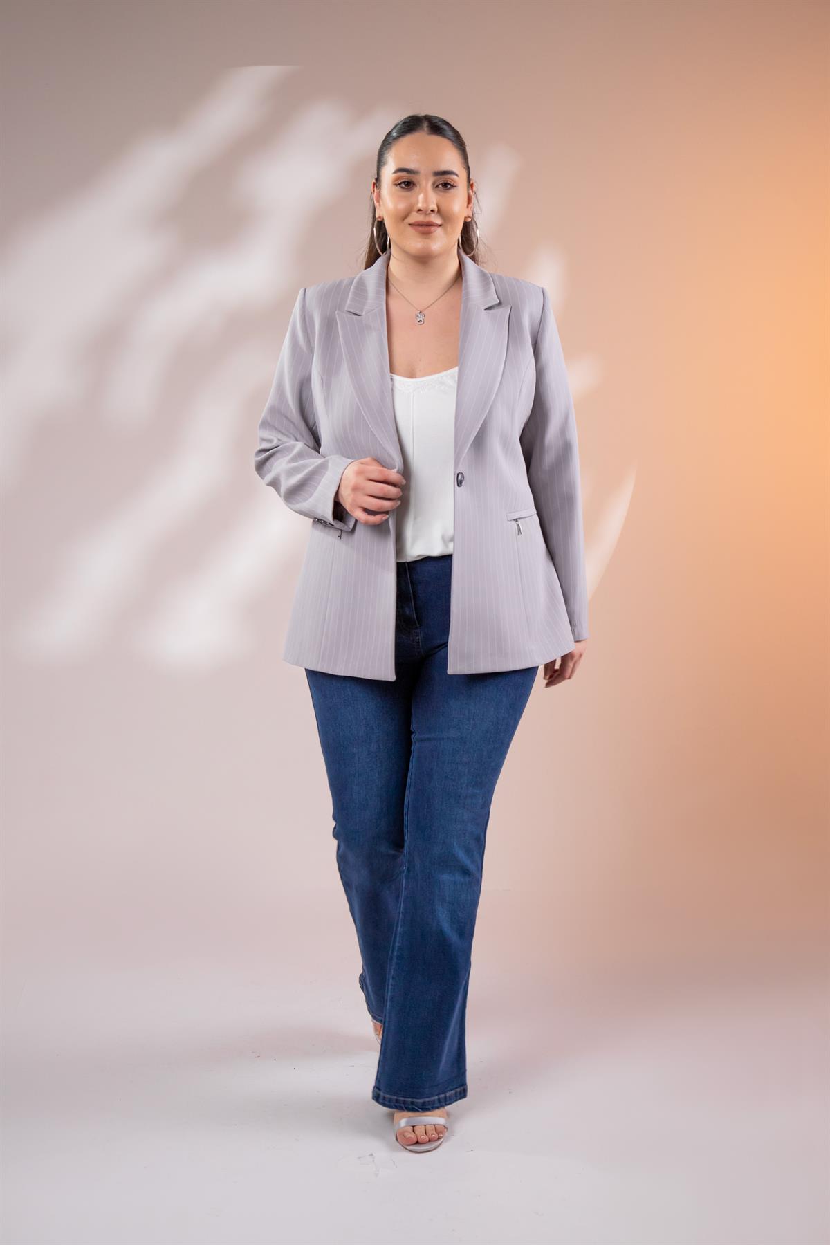 Büyük Beden 2234741 Çizgili Blazer Ceket  Gri