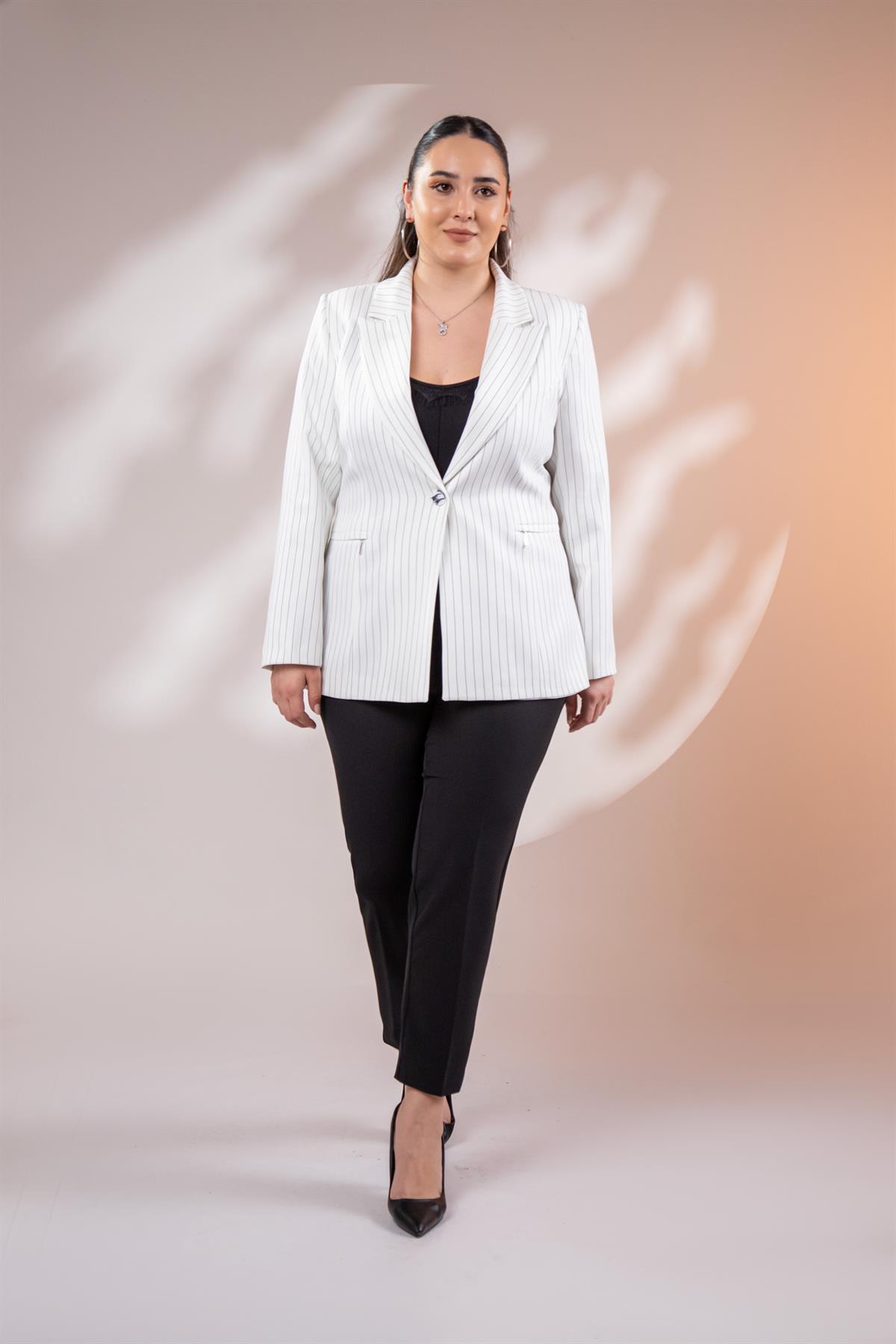 Büyük Beden 2234741 Çizgili Blazer Ceket  Beyaz