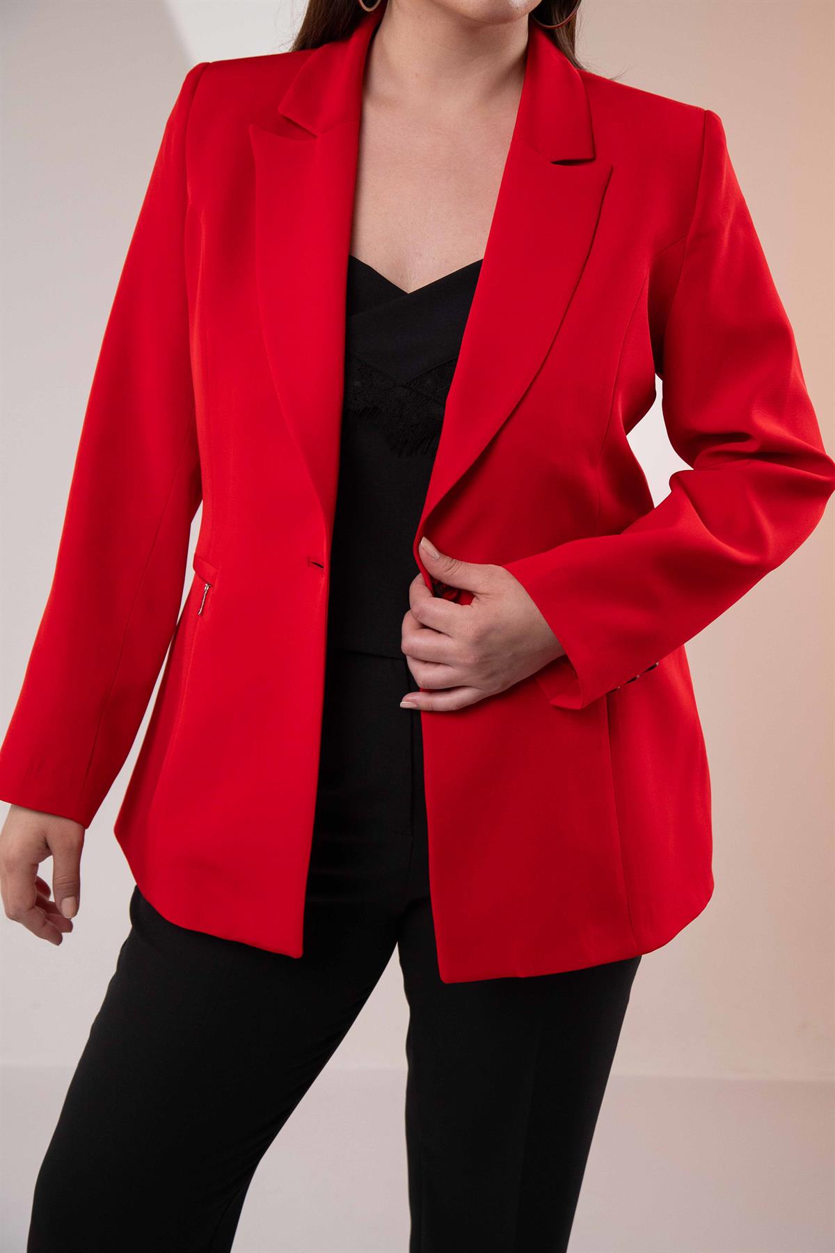 Büyük Beden 2234742 Cep Fermuarlı Blazer Ceket  Kırmızı