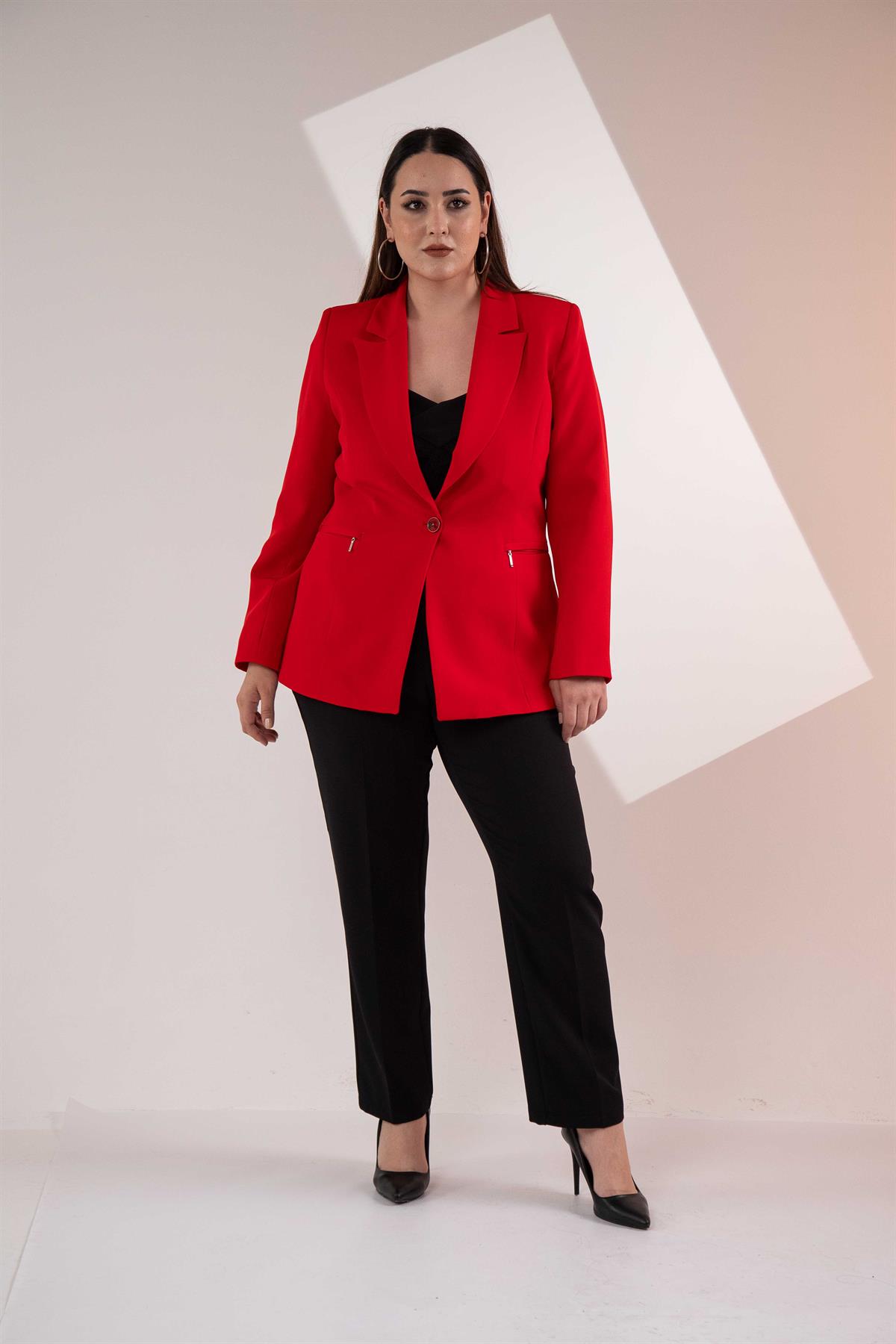Büyük Beden 2234742 Cep Fermuarlı Blazer Ceket  Kırmızı