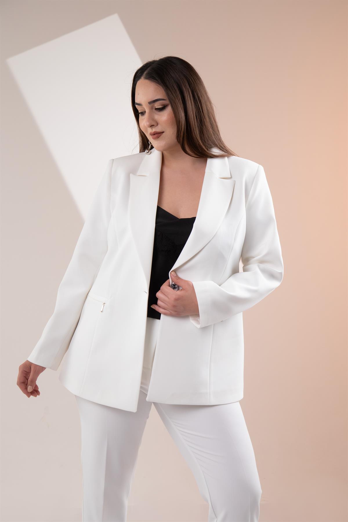 Büyük Beden 2234742 Cep Fermuarlı Blazer Ceket  Beyaz