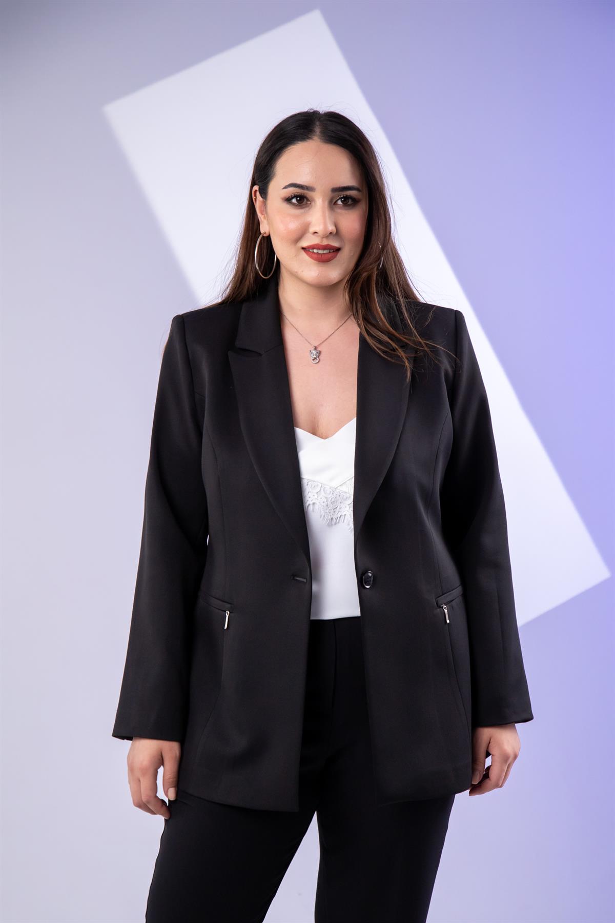 Büyük Beden 2234742 Cep Fermuarlı Blazer Ceket  Siyah