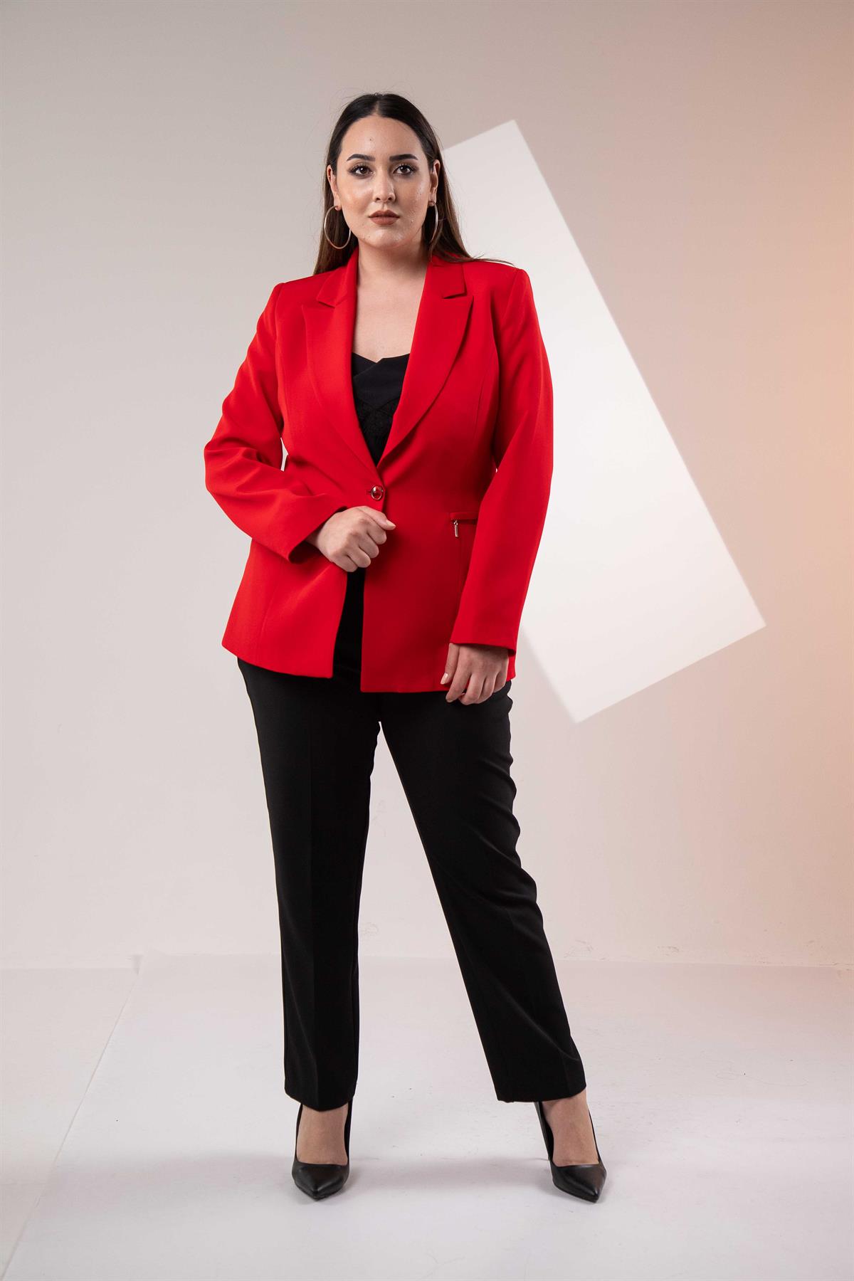 Büyük Beden 2234742 Cep Fermuarlı Blazer Ceket  Kırmızı