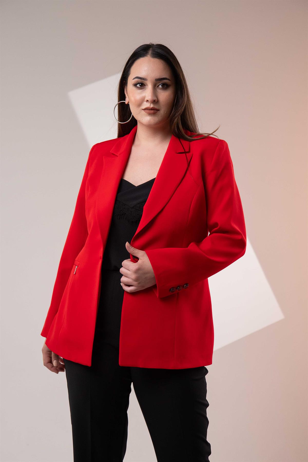 Büyük Beden 2234742 Cep Fermuarlı Blazer Ceket  Kırmızı