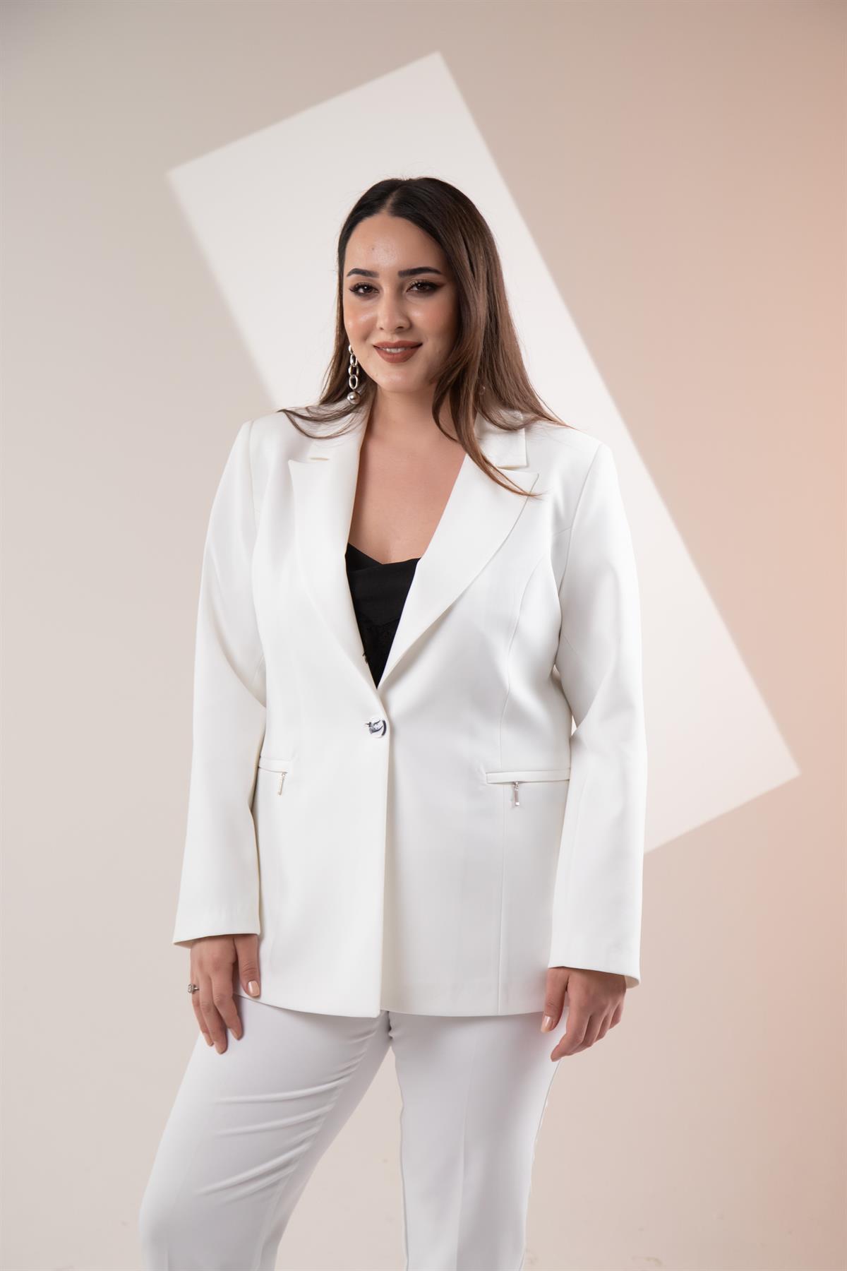 Büyük Beden 2234742 Cep Fermuarlı Blazer Ceket  Beyaz