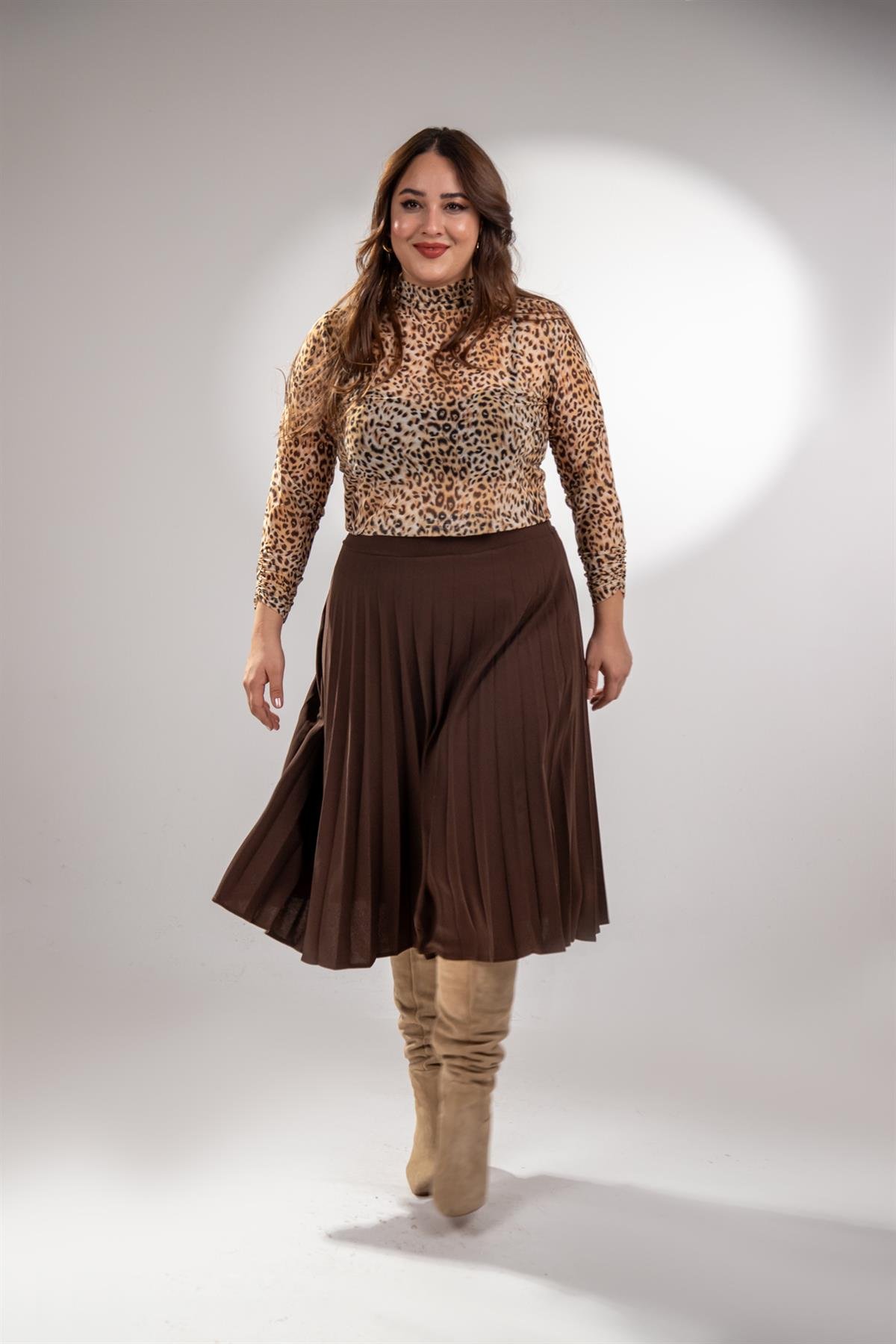 Büyük Beden 2237000 Pliseli Etek Kahverengi