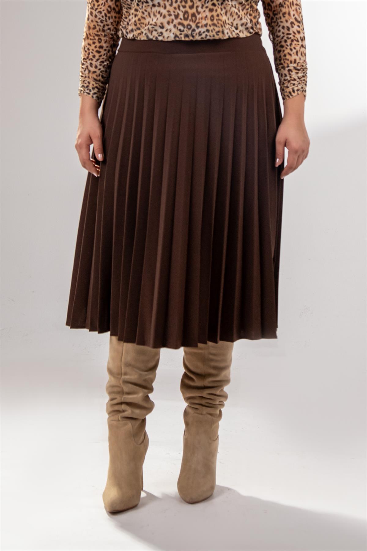Büyük Beden 2237000 Pliseli Etek Kahverengi