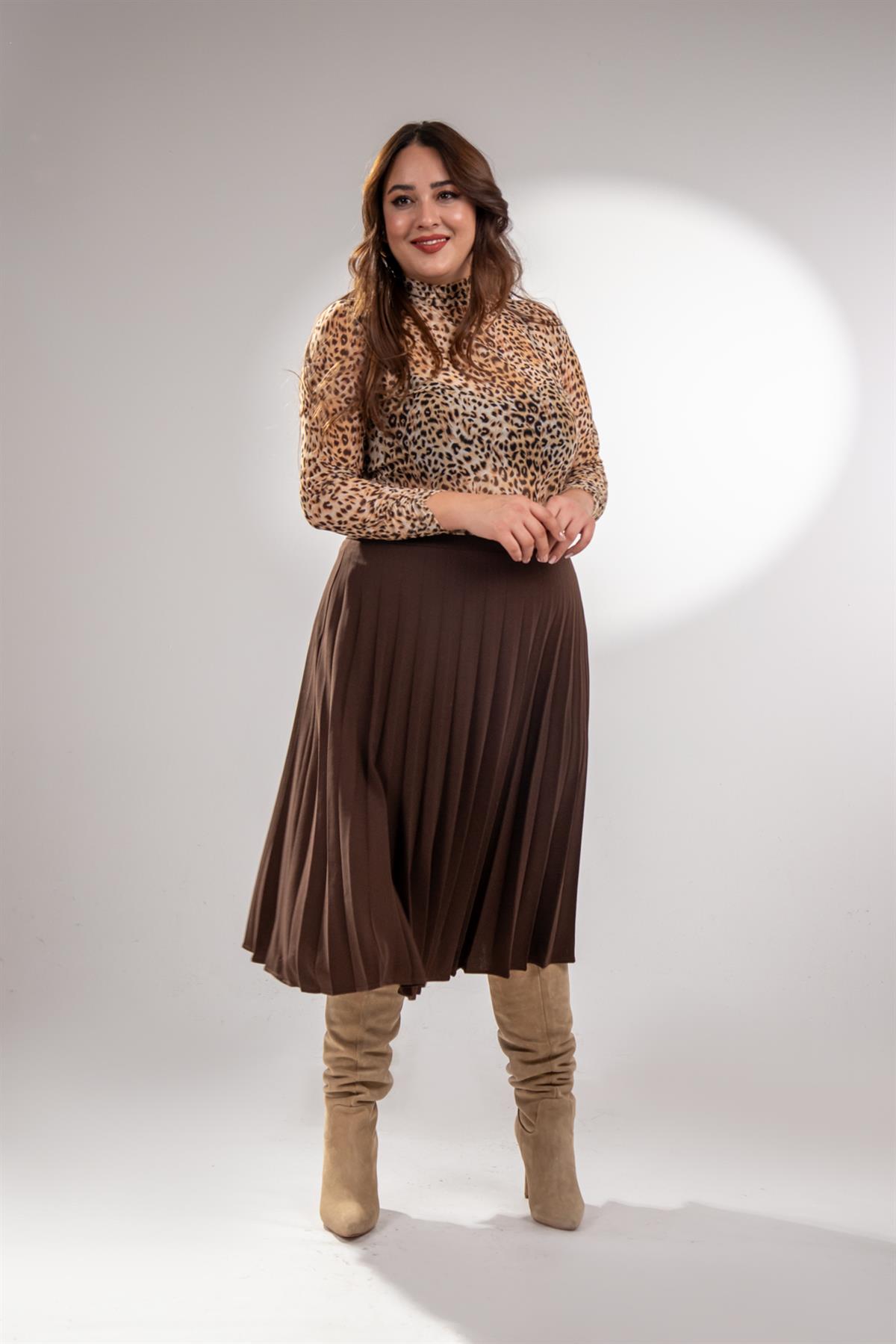 Büyük Beden 2237000 Pliseli Etek Kahverengi