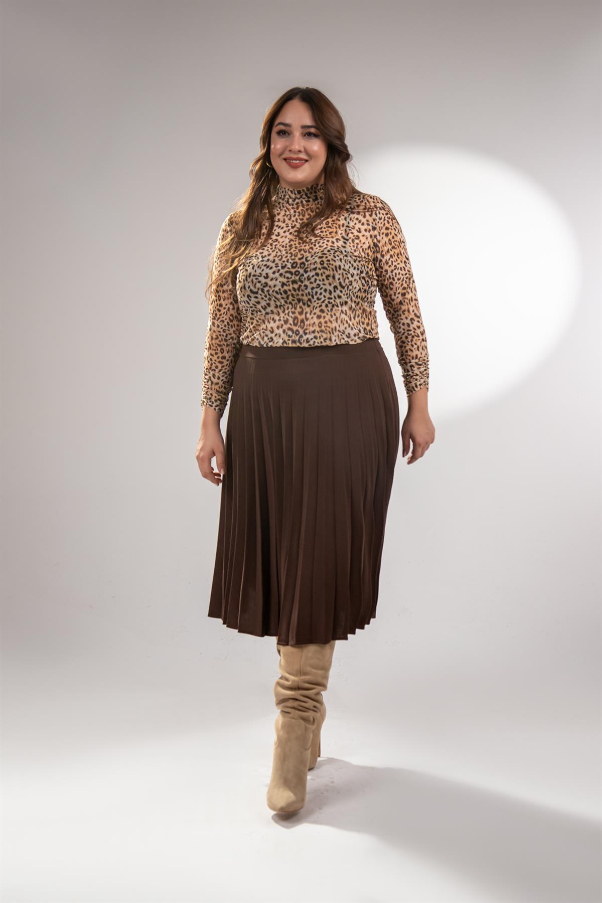Büyük Beden 2237000 Pliseli Etek Kahverengi