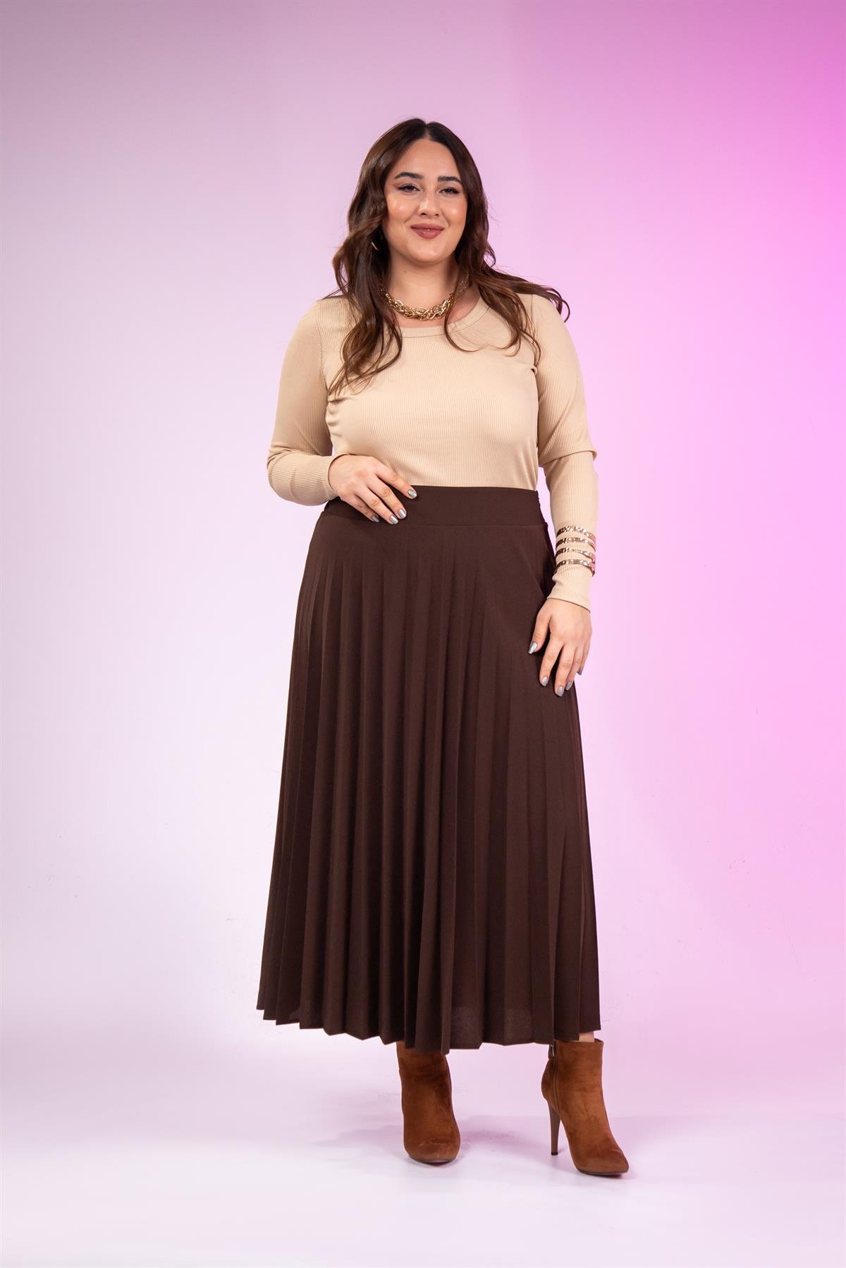 Büyük Beden 2237001 Uzun Piliseli Etek  Kahverengı