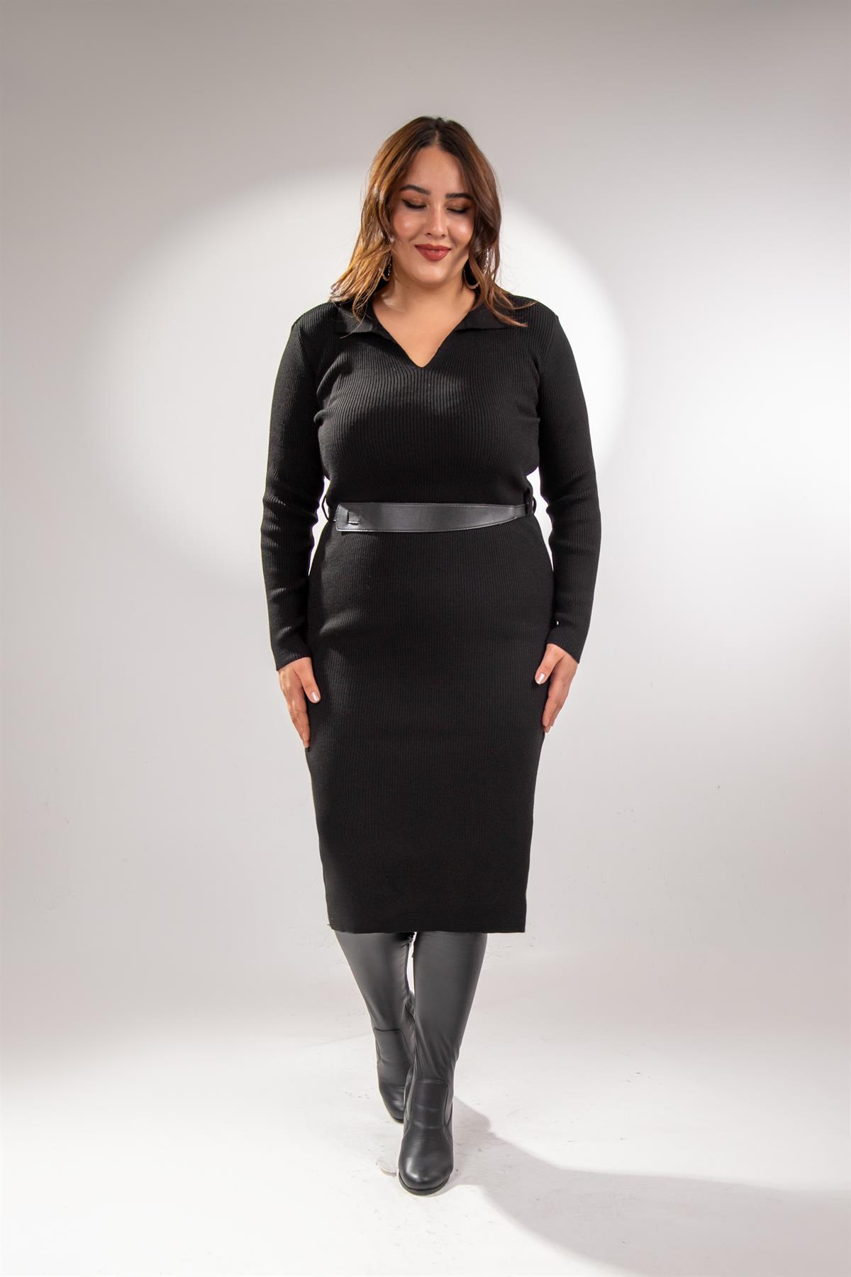 Büyük Beden 2237002 Polo Yaka Triko Elbise  Siyah