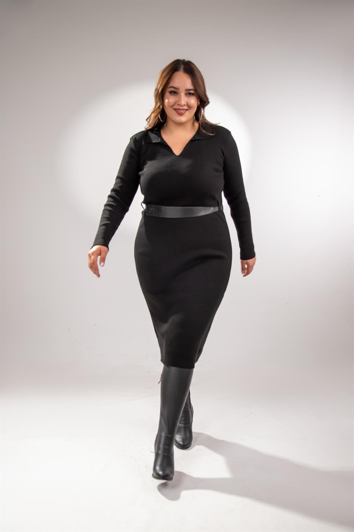 Büyük Beden 2237002 Polo Yaka Triko Elbise  Siyah