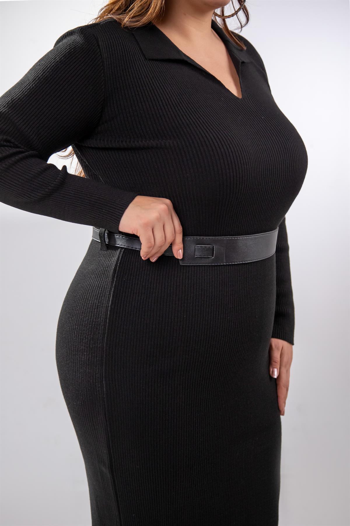 Büyük Beden 2237002 Polo Yaka Triko Elbise  Siyah