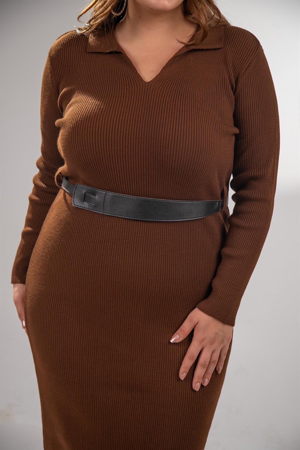 Büyük Beden 2237002 Polo Yaka Triko Elbise  Kahverengi