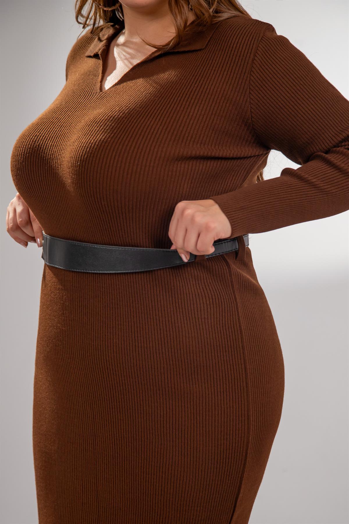 Büyük Beden 2237002 Polo Yaka Triko Elbise  Kahverengi